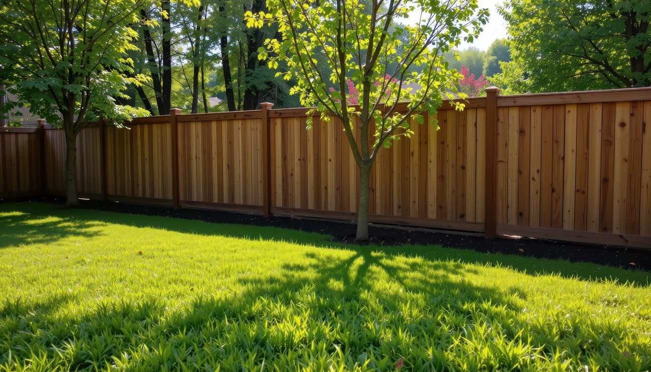 wooden fence with garden trees planted alongside sunlight filtering softly shadows falling on lawn creating peaceful calm mood free photo